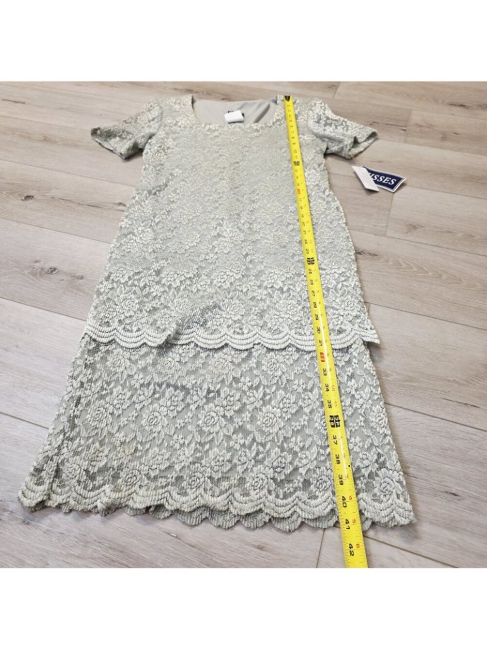Vtg Helene Blake Pale Green Floral Lace Layered Tiered Stretch Dress Sz 12 - Picture 4 of 8
